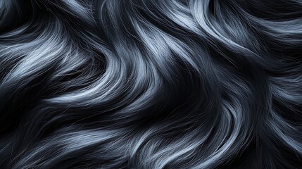 Close-up of luxurious fur transitioning from dark black to silvery steel gray, fine strands forming flowing organic patterns, illuminated by soft, diffused light,