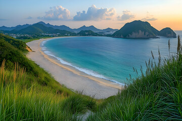 Picturesque Tropical Beach with Azure Waters and Lush Green Hills at Sunset