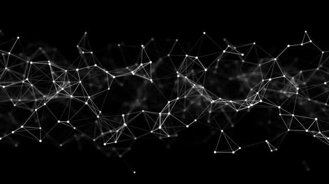 Abstract network of moving glowing dots and lines. Network or digital connection. Technology background. 3d rendering. 4K. Seamless loop.