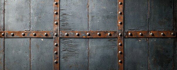 Fototapeta premium A textured, dark metal panel with rivets and wooden elements, showcasing an industrial or medieval aesthetic.