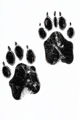 Animal paw prints texture on white background, wildlife footprint, nature, pet tracks, black and white abstract design, animal tracks for print and graphics.