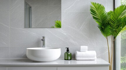 Fototapeta premium White ceramic vessel sink on a vanity in a modern bathroom with a green plant and towels.