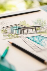 Architectural sketch design of modern house with pool surrounded by nature, showcasing outdoor living, home planning, and creative design concepts.