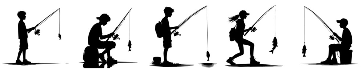An isolated black vector silhouette of a teenager fishing, shown with a fishing rod against a plain white background.