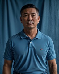 Naklejka premium Singaporean male middle aged in casual polo and jeans on close up portrait plain denim blue background