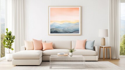 Eclectic modern living room featuring a modular linen sectional in raw sand tones, a square linen ottoman, a sleek acrylic coffee table, a framed watercolor