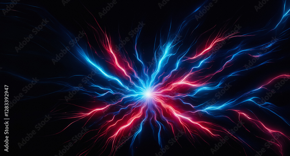 Aufkleber abstract image displays radiating energy beams in blue and red colors emanating from a central point