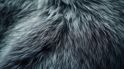 Close-up of plush fur transitioning from deep charcoal to light ash gray, visible strands in sharp detail, smooth textures forming rippling patterns,