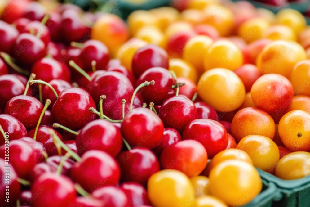 Aufkleber colorful array of cherries and yellow fruits at a vibrant market in summer. generative ai