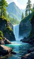 Rock formations and waterfalls cascade into a river, landscape, scenery