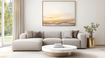 Eclectic modern living room featuring a modular boucle sectional in warm sand and taupe, a round white marble coffee table with gold trim, a large framed