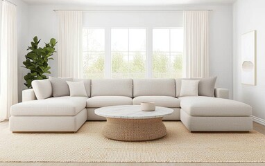 Eclectic modern living room with a deep seated linen sectional in soft taupe, a round marble coffee table, sheer embroidered drapes, and an oversized woven