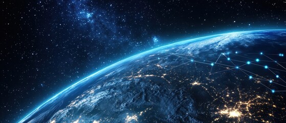 Obraz premium Earth planet view from space with glowing city lights and stars in the night sky showcasing global connectivity, technology, and the universe.