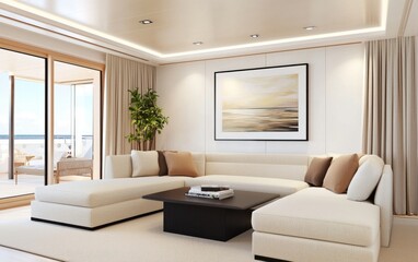 Eclectic modern lounge featuring a modular boucle sectional in warm ivory and taupe, a sleek black metal coffee table, a framed soft toned watercolor seascape