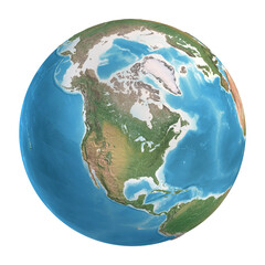 Physical detailed globe focused on America and Greenland, USA Canada. Planet Earth, transparent background PNG - 3D illustration, elements of this image furnished by NASA.