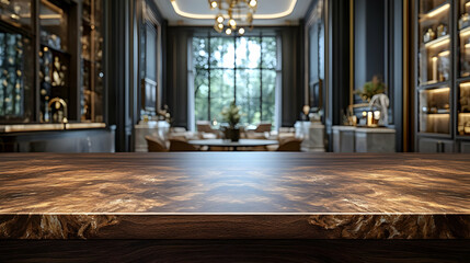 Fototapeta premium Luxury Interior with Granite Countertop and Blurred Background in Classic Style With Elegant Furniture and Ornate Lighting