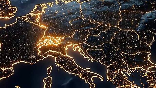 Illuminated map of Europe showcasing urban areas and transportation networks at night