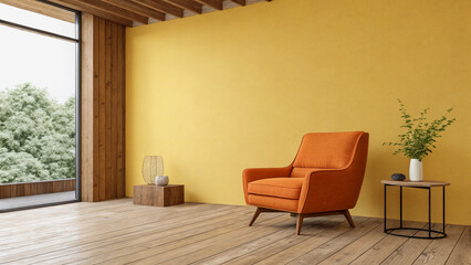 Modern Sunny Living Room with Wooden Accents and Orange Chair