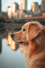 Golden retriever dog enjoying skyline view at sunset