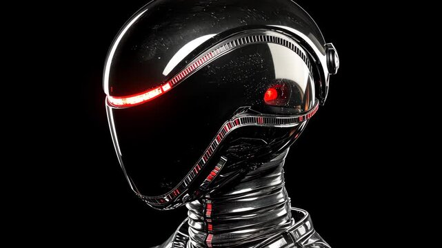 Futuristic robot with sleek metallic design glowing red visor