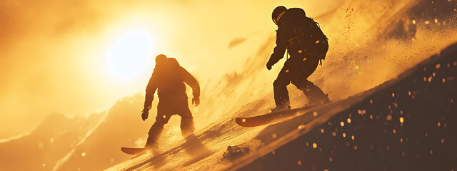 Two snowboarders in action, with the sun shining behind them
