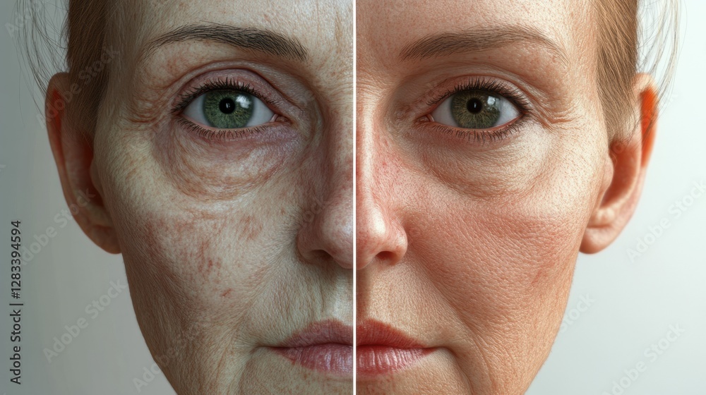 Poster aged face transformation showing contrast between wrinkles and youthful smoothness of skin achieved 