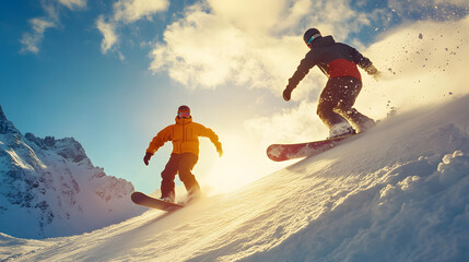 Two snowboarders in action, with the sun shining behind them
