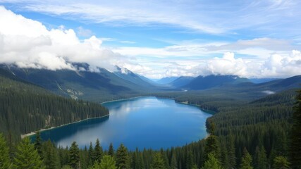 A picturesque lake in a forested valley surrounded by mountains and clouds, with a sense of tranquility, natural scenery, greenery, forested valley