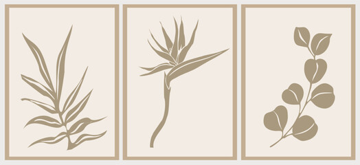 Set of Boho aesthetic abstract botanical wall arts. Trendy posters for Scandinavian, japandi interior design in neutral pastel colors. Bohemian collage prints. Mid Century Modern Vector illustrations.