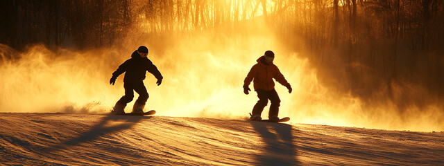 Two snowboarders in action, with the sun shining behind them
