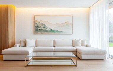 Eclectic living space with a large linen sectional in natural beige and oat tones, a transparent glass coffee table with a brass base, a delicate watercolor
