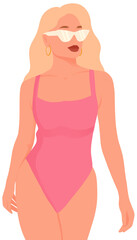 Woman in Trendy Swimwear and Sunglasses – Stylish Beach Look Minimalist Illustration