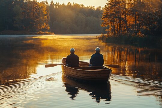 Two people in a small boat gently row across a tranquil lake, surrounded by autumn foliage and golden sunlight reflecting on the water.