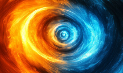 A fiery orange and electric blue spiral radiates intense rotational energy, merging vibrant hues in a dynamic fusion.