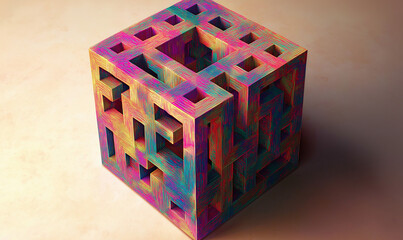 A cube with intricate shading and bold colors stands as a striking study in modern abstraction and visual depth.