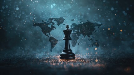 Dark Themed Chess Piece Set Against a Mystical World Map in a Dreamy Atmosphere