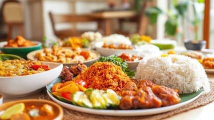 Nasi campur, indonesian rice dish with various side dishes, displayed on table