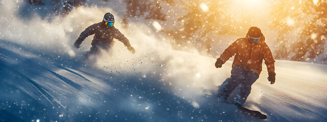 Two snowboarders in action, with the sun shining behind them

