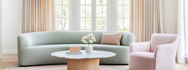 Eclectic lounge with a soft lilac and pale green boucle sectional, a matching powder pink armchair, a round marble top coffee table, and warm taupe curtains
