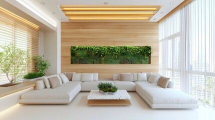Eco modern living room featuring a modular linen sectional, a terrazzo coffee table, vertical indoor gardens, a sustainable wood paneled wall, floor