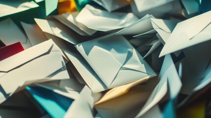 Emails stacked in disarray on a table representing communication, correspondence, and busy work life with colorful envelopes for business or personal use.