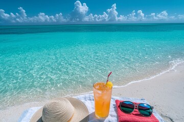 Enjoying a refreshing drink with a sun hat on a beautiful beach under clear blue skies