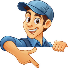 A handyman, mechanic or painter decorator mascot man peeking around sign and pointing at it. Or perhaps an electrician, plumber or gardener. Could also be a window cleaner.