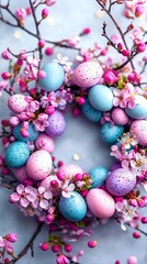 Fototapeta premium A close-up of an egg and flower wreath on a blue background with pink and blue speckles