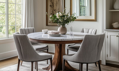 Sophisticated elegant dining nook featuring a round marble table with plush seating for timeless gatherings