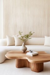 Living room featuring a cozy organic modern aesthetic, a beige cloud like sectional, a handcrafted wooden slab coffee table, a ribbed wall panel