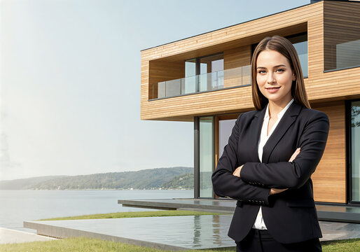Professional real estate agent in business suit in front of modern house by the lake
