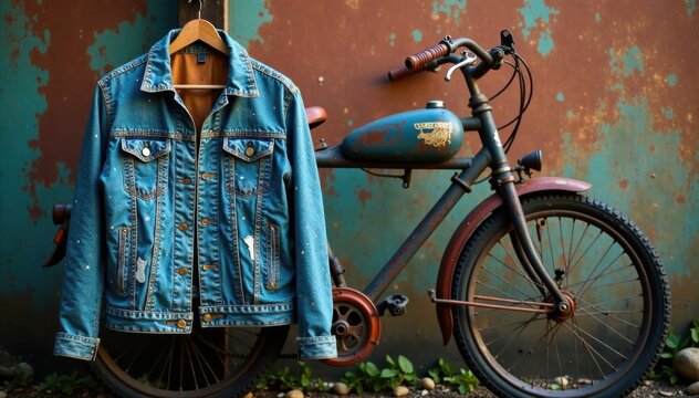 Distressed denim and leather jacket hanging on a rusty old bike, motorcycle, retro, bike