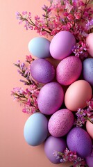   A collection of eggs resting atop a table, surrounded by purple and blue blossoms on a pink backdrop