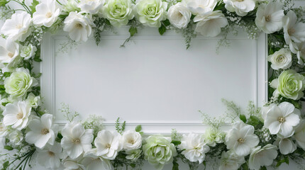 Elegant White Tray Framed by Soft Green and White Flowers with Botanical Accents for a Chic and Peaceful Display for Copyspace and Text Background